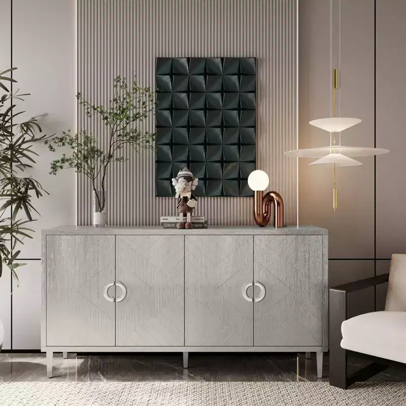 Sideboard Cabinet with 4 Carved Line Doors, Pine Legs, Zinc Alloy Semi-Circular Handles, Buffet Server Console for Living Room