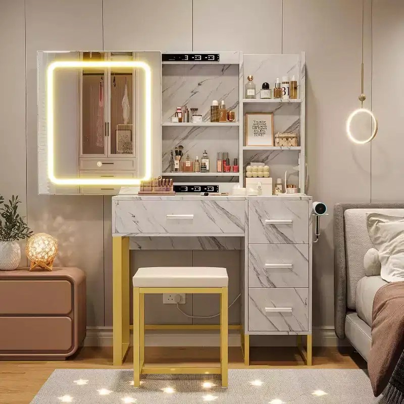 57'' Large Vanity Desk with Mirror & Lights,Makeup Vanity Table with Charging Station, 3 Lighting Modes,Elegant Vanity Set with 4 Drawers and Shelves