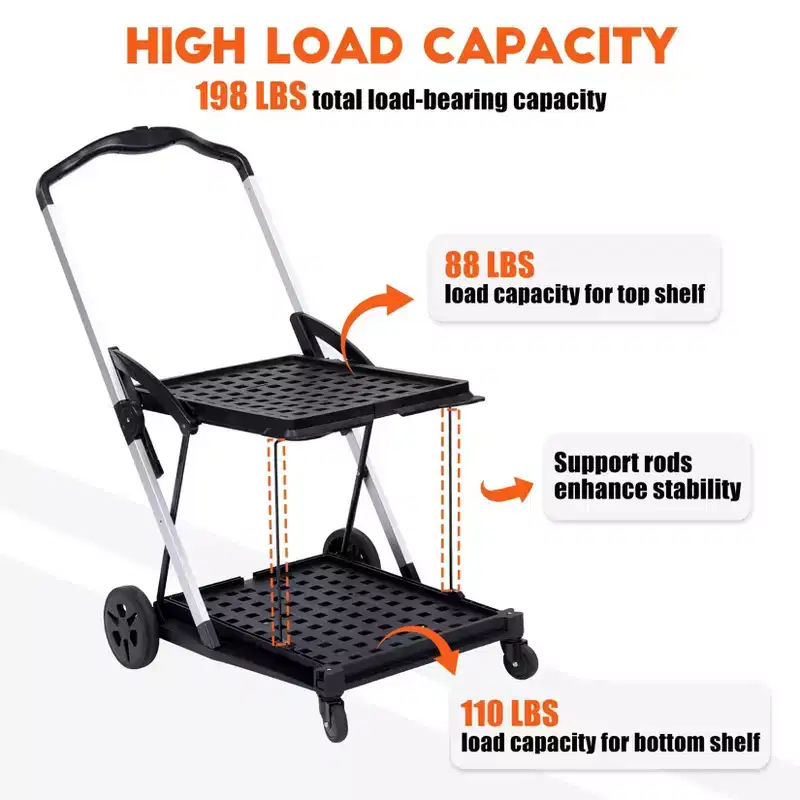 Acekool 2 Layer Folding Shopping Cart with 360 Swivel Wheels and Storage Crate, Black