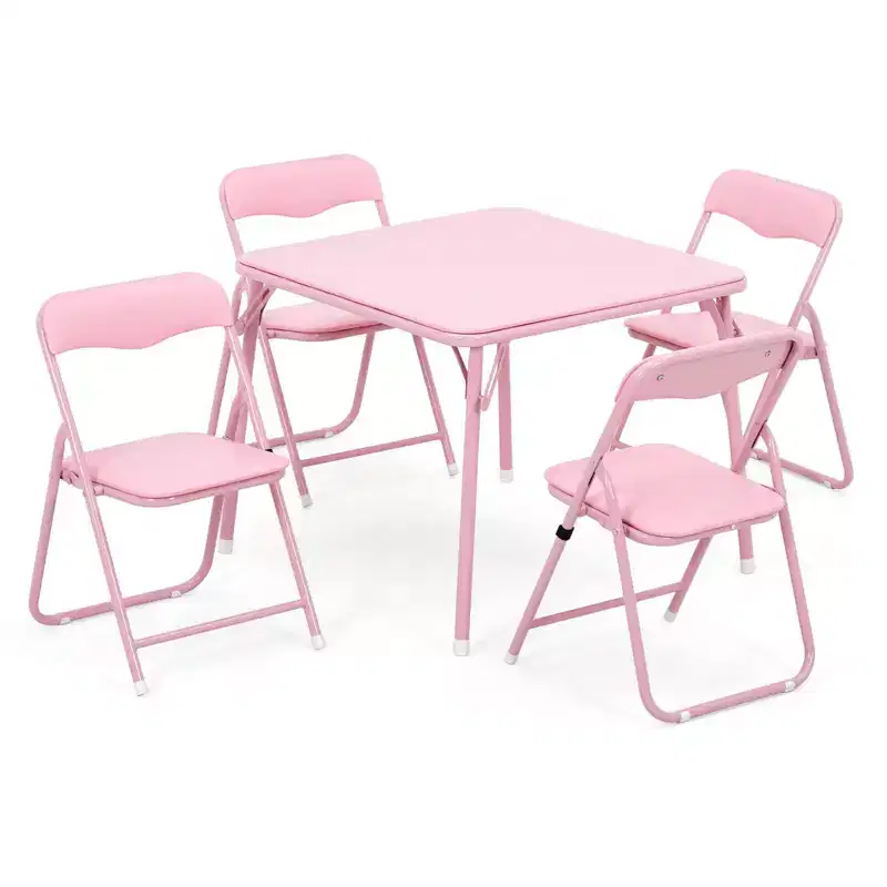 Comfortable Cushioned Kids Table and Chairs Set  5-Piece Folding Square Activity Table for Eating, Reading  Sturdy Metal Frame, Upholstered Seats
