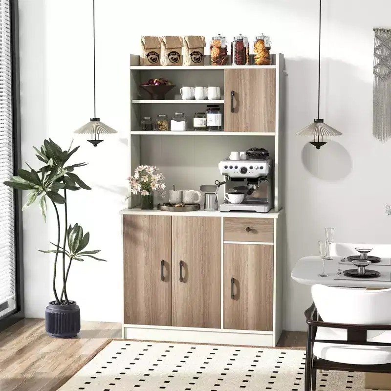 Costway 4-Door 71'' Kitchen Buffet Pantry Storage Cabinet w/Hutch Adjustable Shelf White