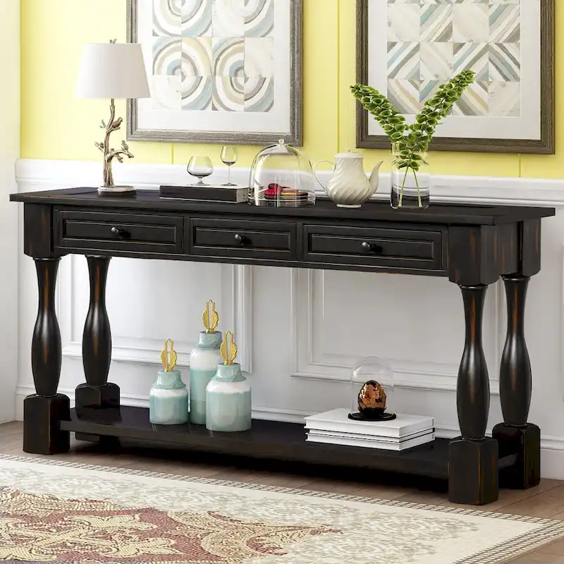 64-Inch Console Table with Drawers and Shelf, Distressed Black & Antique White