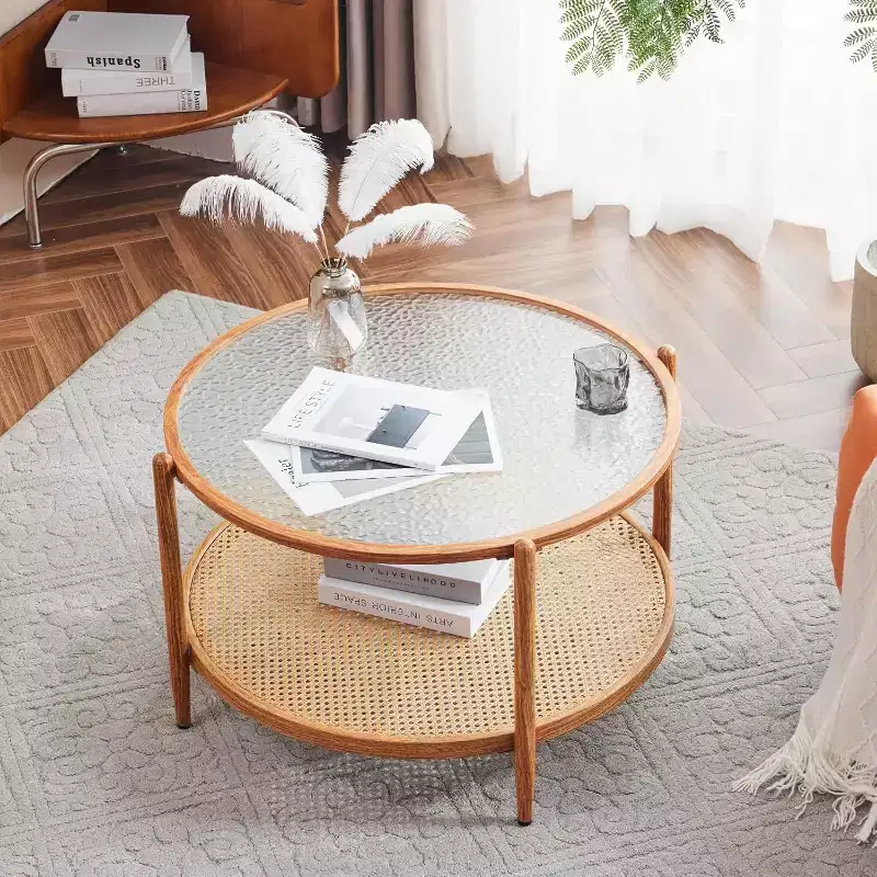 VINGLI 30 Rattan Coffee Table, Round Water-Wave Glass Metal Center Table with 2-Tier Storage, for Living Room, Natural Vibe