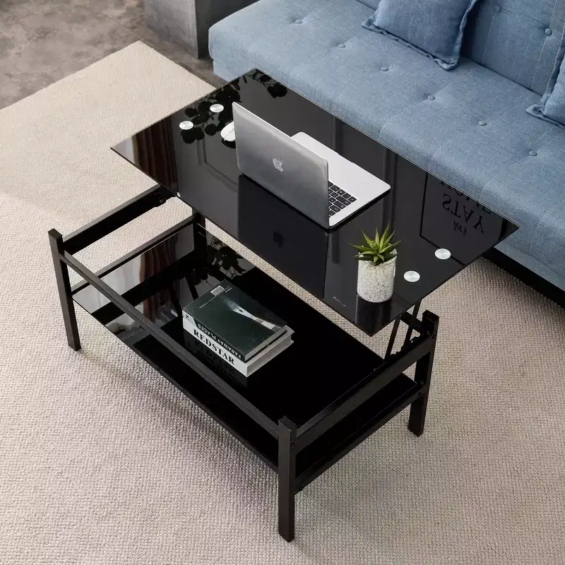 GDFStudio Kirara Modern Lift Top Coffee Table with 2-Layer Tempered Glass