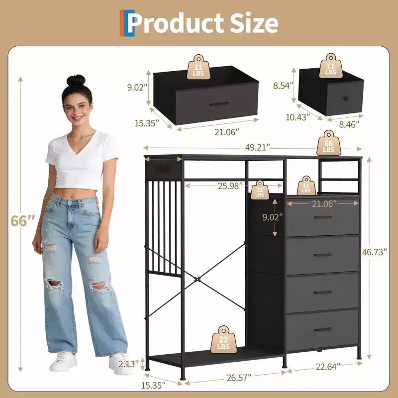 6-Drawer Dresser w/Hanging Rack, Dresser w/Charging Station & LED Lights, Kids Dressers with Shoe Rack, Chest of Drawers for Bedroom