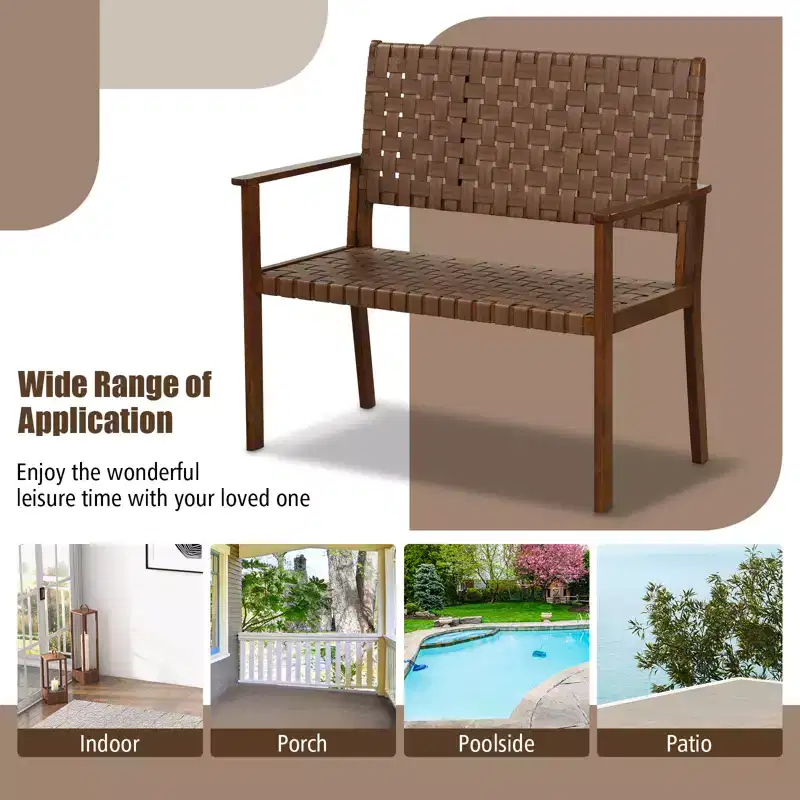 Costway Patio Loveseat All Weather Bench w/Solid Rubber Wood Frame&Hand Woven PU Leather