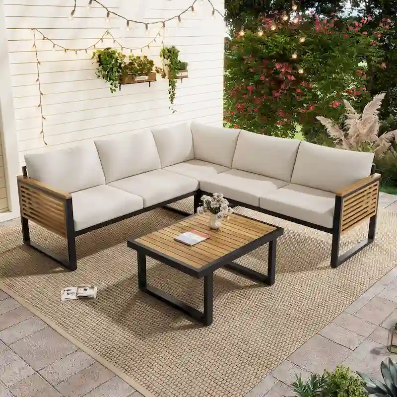 Outdoor 4-piece Acacia Wood and Metal Patio Sofa Corner Set