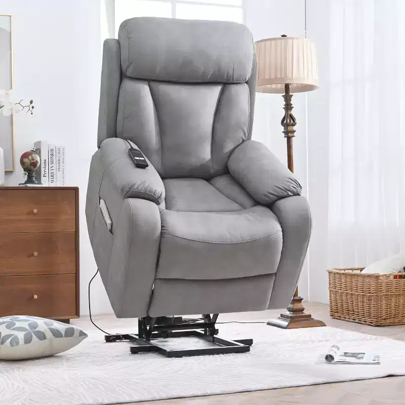 Large Power Lift Recliner Chair, Grey Faux Leather Motorized Massage Recliner with Pillow & Side Pockets, for Elderly, Living Room