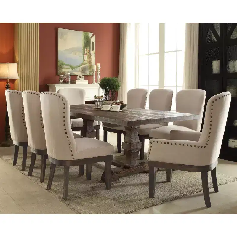 Landon Arm Dining Chair Salvage Brown - Acme Furniture: Linen Upholstery, Nailhead Trim, Wood Frame