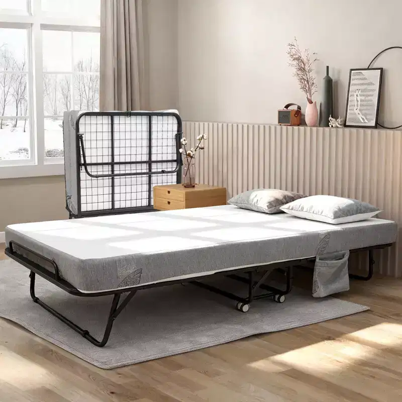 Folding Bed with Mattress, Portable Foldable Bed on Wheels with Side Storage Pocket