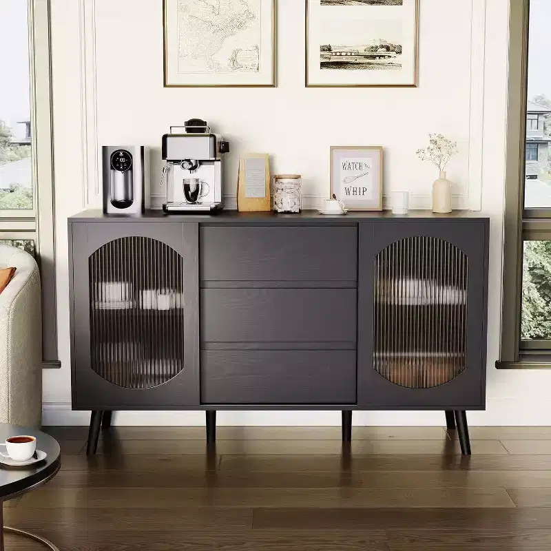 Sideboard Buffet Cabinet with Fluted Glass Doors and Storage Drawers, Modern Cabinet for Dining Room, or Living Room, Elegant Storage Solution