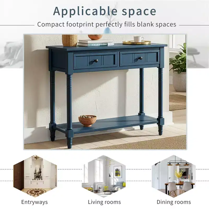 Traditional Entryway Console Table with 2 Drawers and Bottom Shelf, Solid Pine Wood