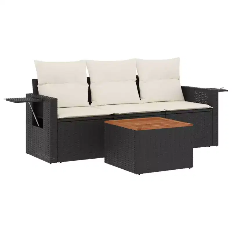 vidaXL 4 Piece Patio Sofa Set with Cushions Black Poly Rattan