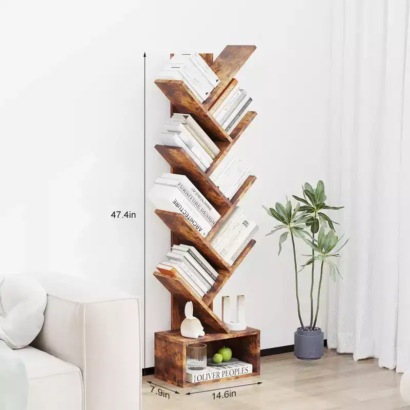 8 Tier Tree Bookshelf, Free Standing Tree Bookcase with Drawer, Utility Book Organizer Shelves, Floor Standing Book Shelf