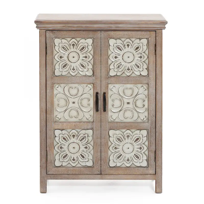2-Door Wood Storage Cabinet with Metal Panel Doors – Distressed Brown, Farmhouse Style