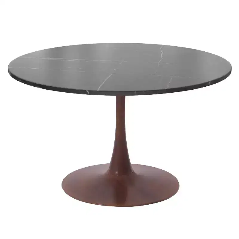 LeisureMod Bristol 35 Round Dining Table with Sintered Stone Top and Walnut Steel Pedestal Base for Modern Kitchen and Dining Room