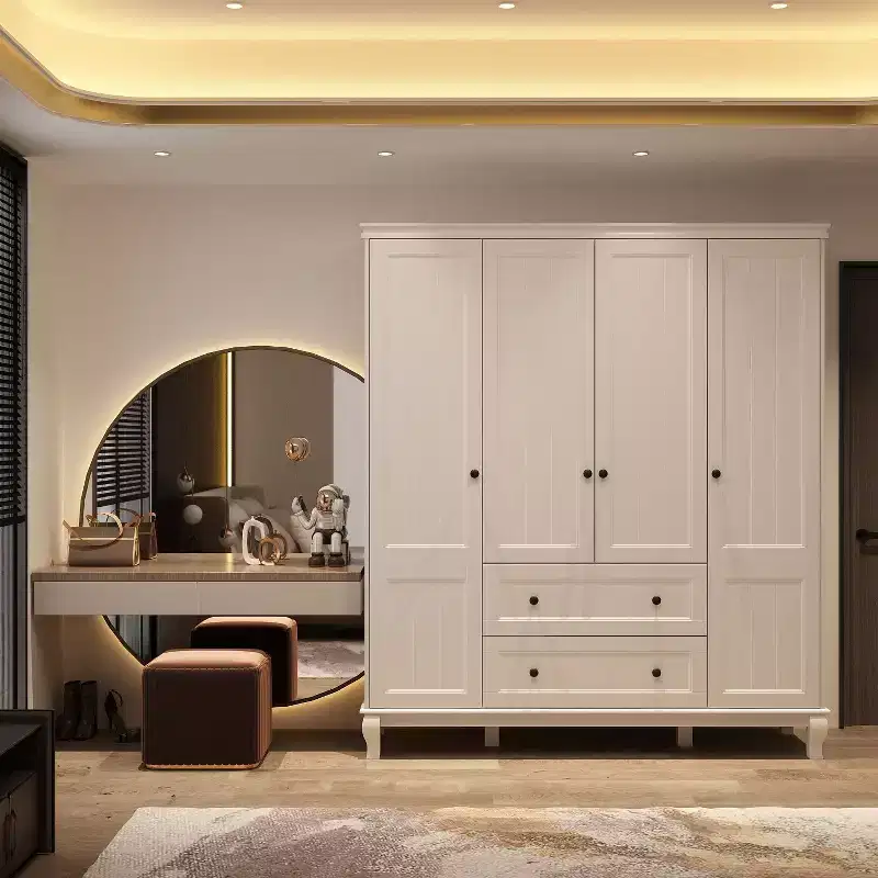 Famapy White Freestanding Wood Armoire With Drawers and Hanging Rods