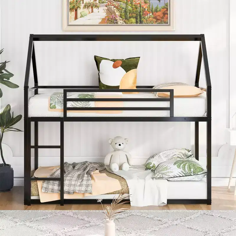 Bellemave Metal House Bunk Bed, Twin Over Twin/Twin Over Full Option, With Slide & Ladder, Guardrails, Playhouse Style Frame for Kids, Boys & Girls