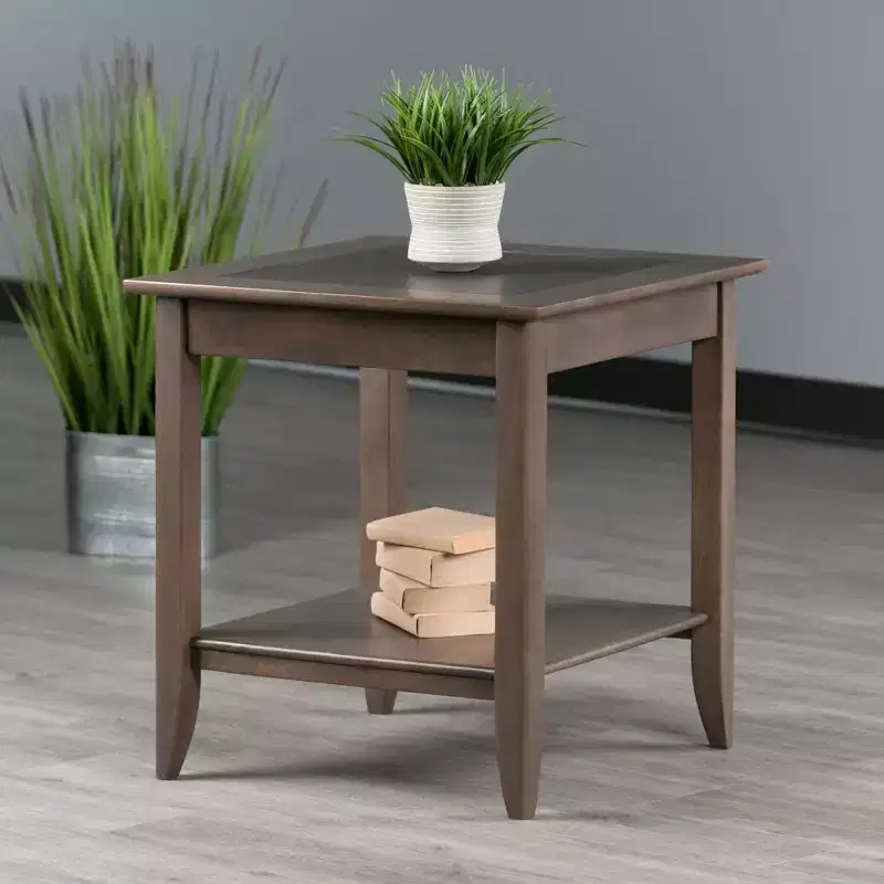 End Table in Oyster Gray with Wood Inlay