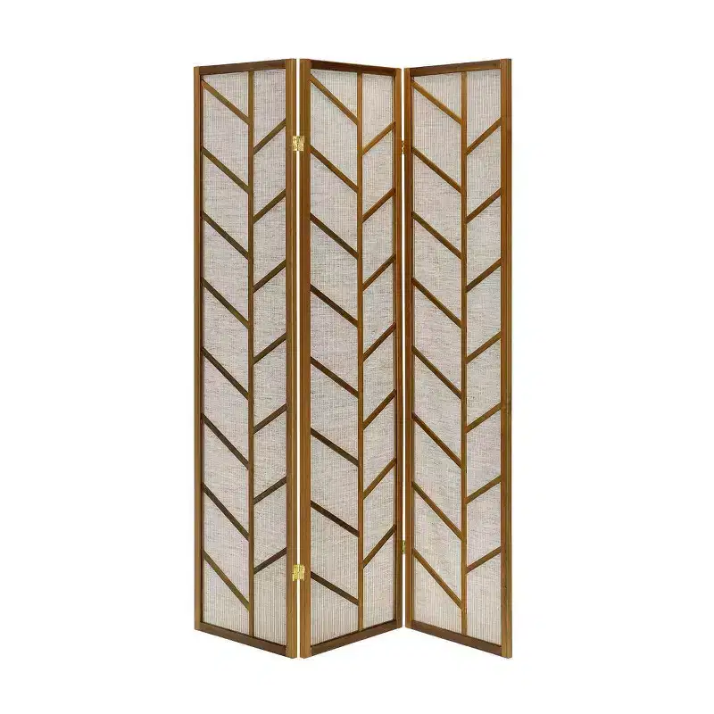 Room Divider Screen with Jute Insert Geometric Cutout Wood 71 inches High