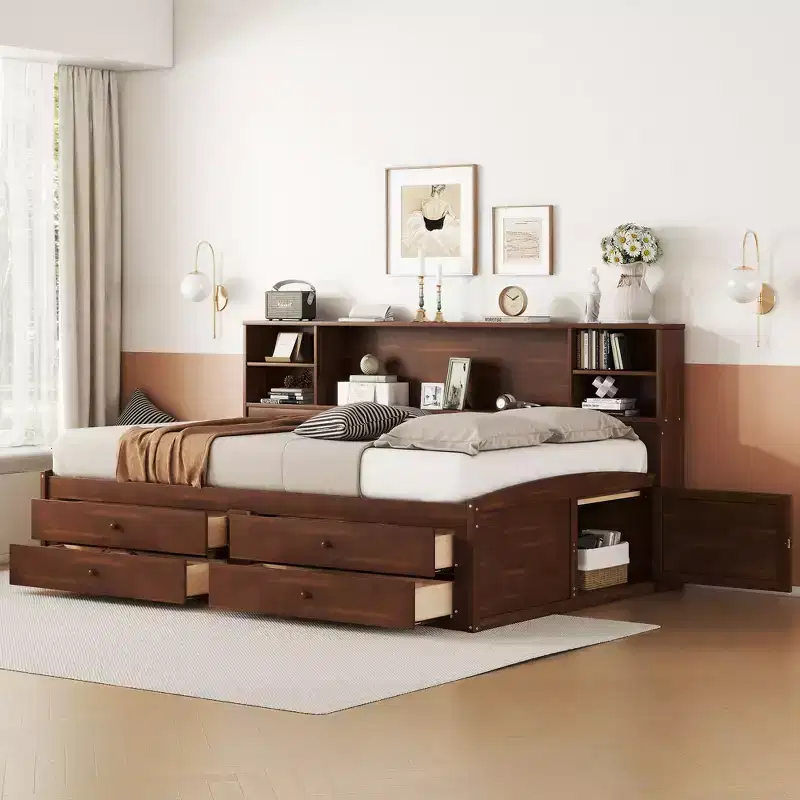 FAMYYT Full Size Wooden Captain Bed?With Built-in Storage Shelves, 4 Drawers and 2 Cabinets, Easy Assembly