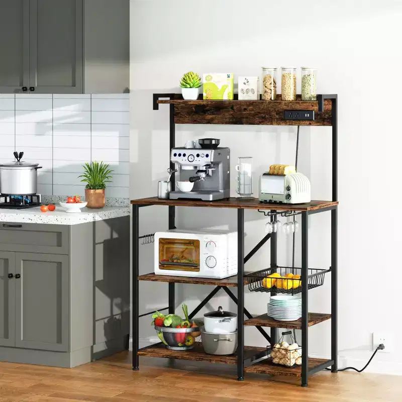 Bakers Rack with Power Outlet, 34.7 Open Storage Shelves with Wire Basket, Kitchen Microwave Stand with 6 S-Shaped Hooks