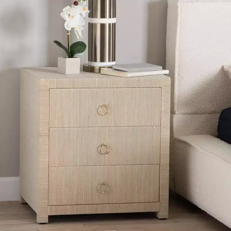 bali & pari Quinn Woven Grasscloth 3 Drawer Nightstand Natural/Gold