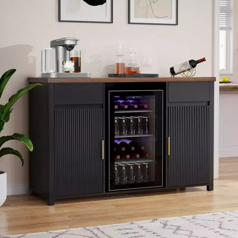 GDLF Coffee Bar Cabinet with Fridge Space, Mini Fridge Cabinet Buffet Sideboard53.2L Black
