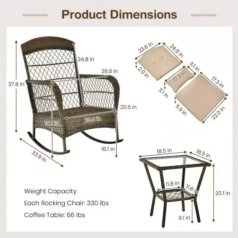 Outdoor Wicker Rocking Chair Set, PE Rattan Patio Rocker with Cushions, Garden Conversation Set for Porch Deck Balcony
