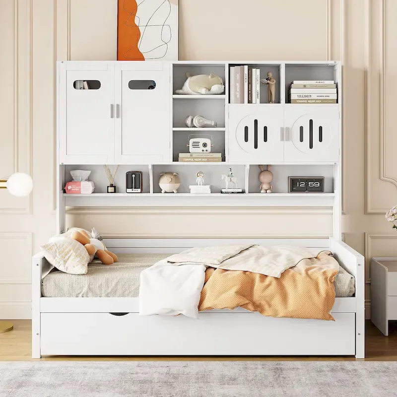 Twin Size Wooden Daybed with Trundle, Storage Cabinet & Shelves, White