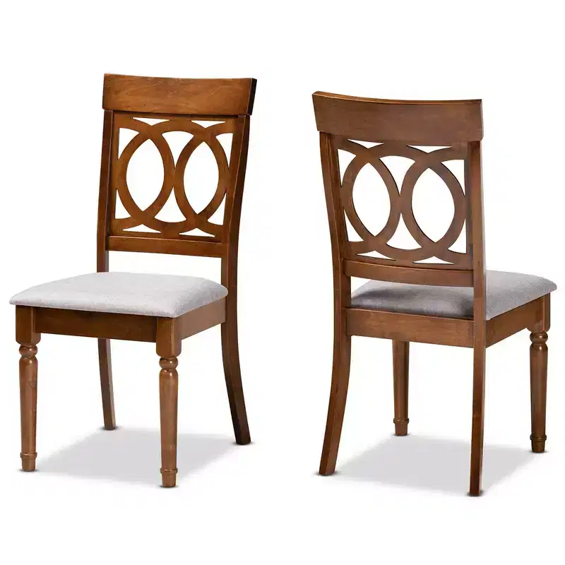 Set of 2 Fabric and Wood Dining Chairs, Gray Upholstery, Walnut Finish, Cut-Out Back