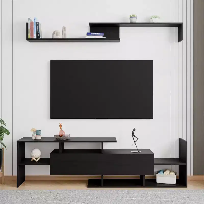 Modern TV Stand with MDF Shelves and Bookcase – Entertainment Console