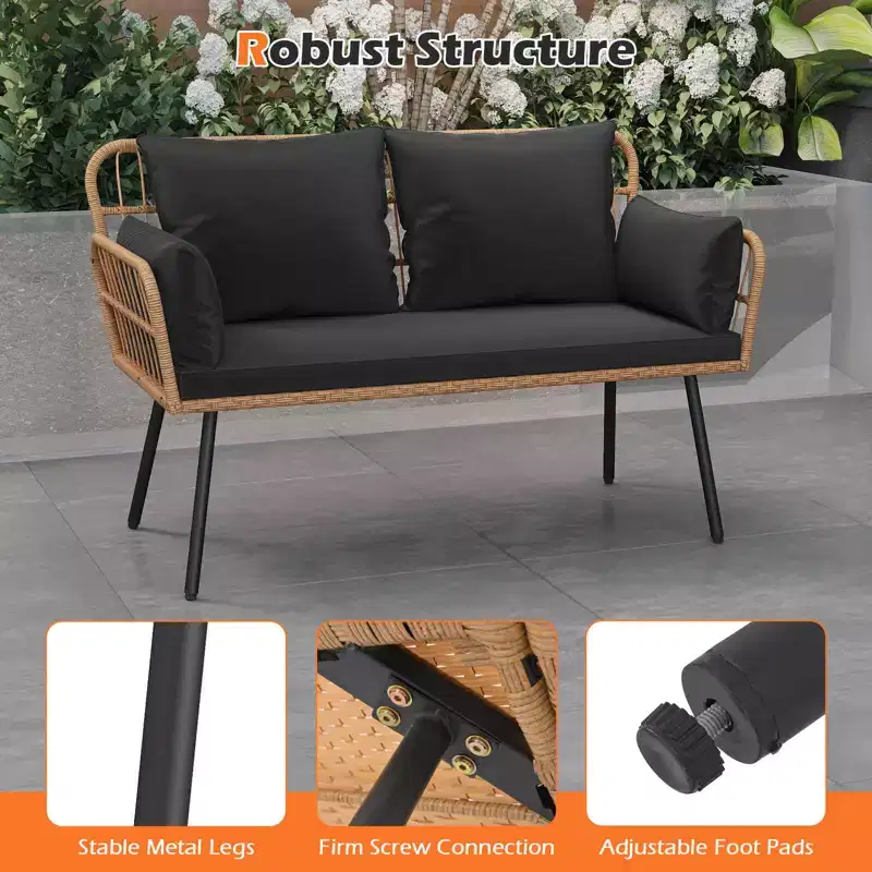 Costway Patio Wicker Loveseat Furniture with Seat Back Cushions, Heavy-Duty Metal Legs Off-White/Black