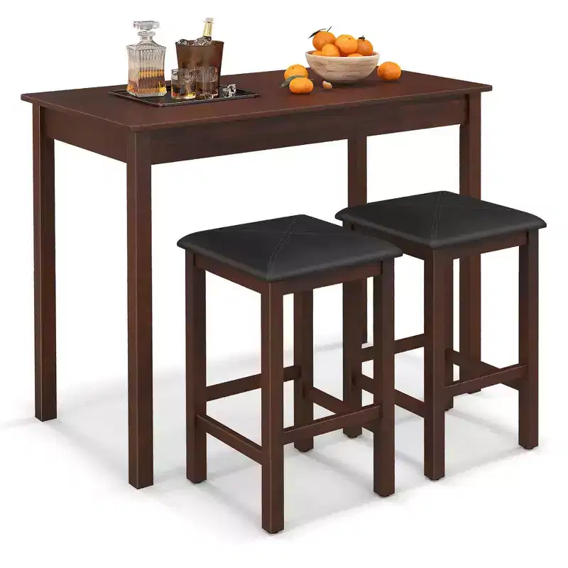 Costway 3 PCS Bar Table Set Dining Table & 2 PVC Leather Upholstered Bar Stools Rustic Brown/White