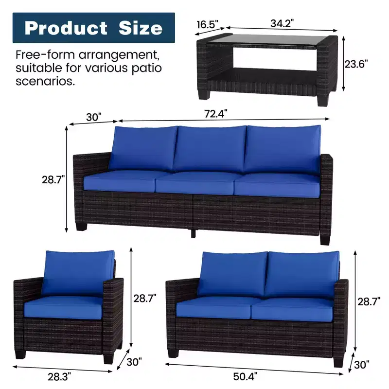 5-Piece Outdoor Patio Furniture Set, 7-Seat PE Rattan Sectional Sofa with Storage Table & Water-Resistant Cushions for Backyard, Deck & Poolside