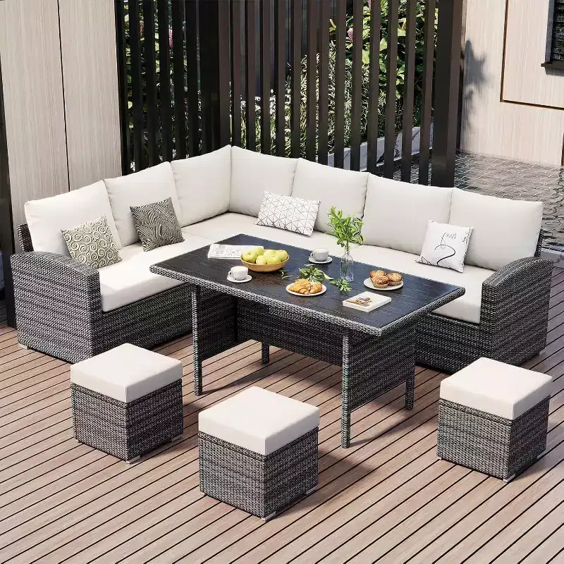 Acekool 7-Piece Outdoor Patio Furniture Set with Grey PE Rattan, Cushions & Glass Table for Porch, Balcony & Backyard