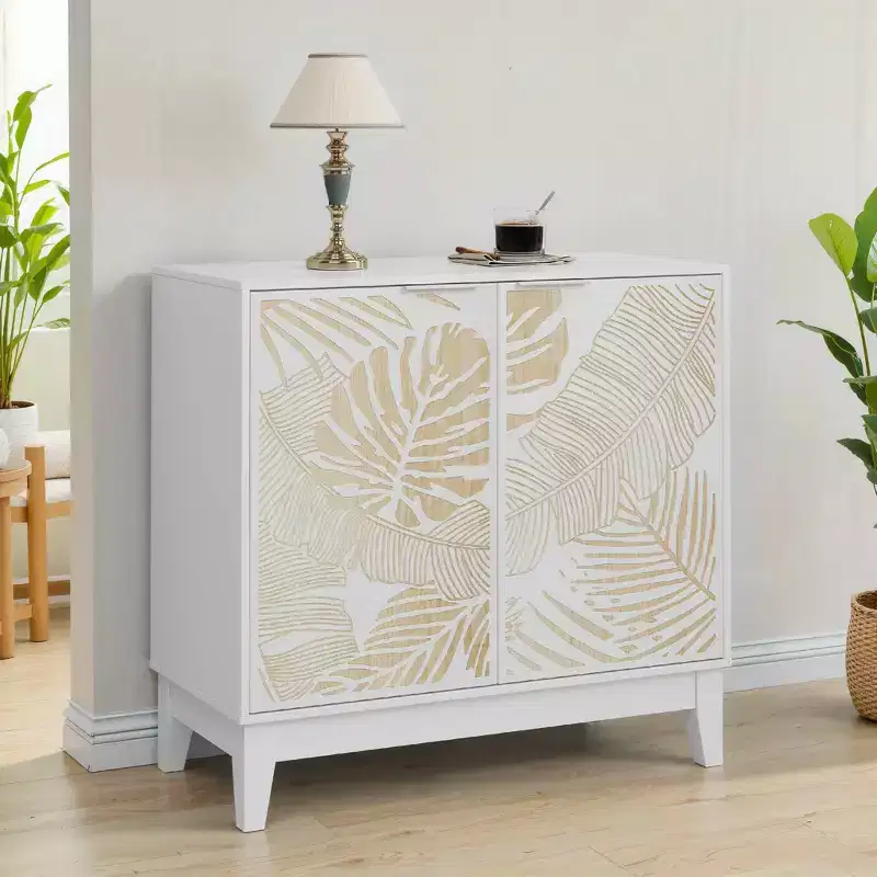 MAYEERTY 31.5 Vintage Carved Buffet Cabinet with 2 Doors Adjustable Shelves Wooden Decorative Cabinet with Stoarge for Living Room Dining Room White