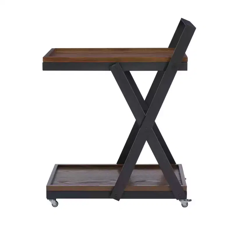Rustic Farmhouse Bar Cart - Dark Umber Wood & Gunmetal, 4 Casters, 2 Fixed Shelves