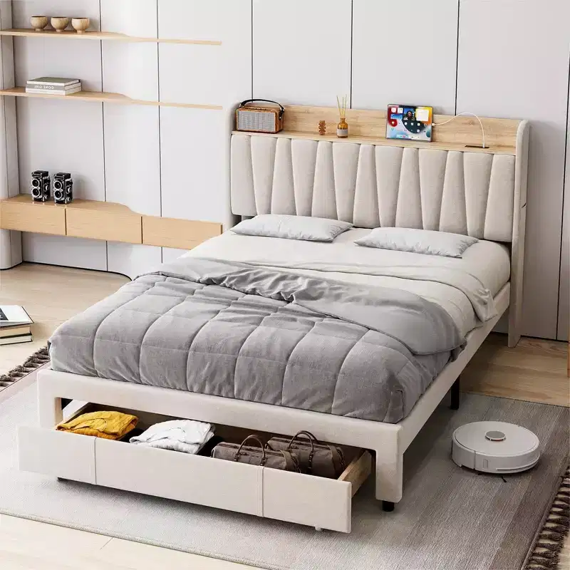 Whizmax Bed Frame with 2 Storage Drawers, Upholstered Platform Bed Frame with Storage Headboard, Mattress Foundation with Solid Wooden Slats Support