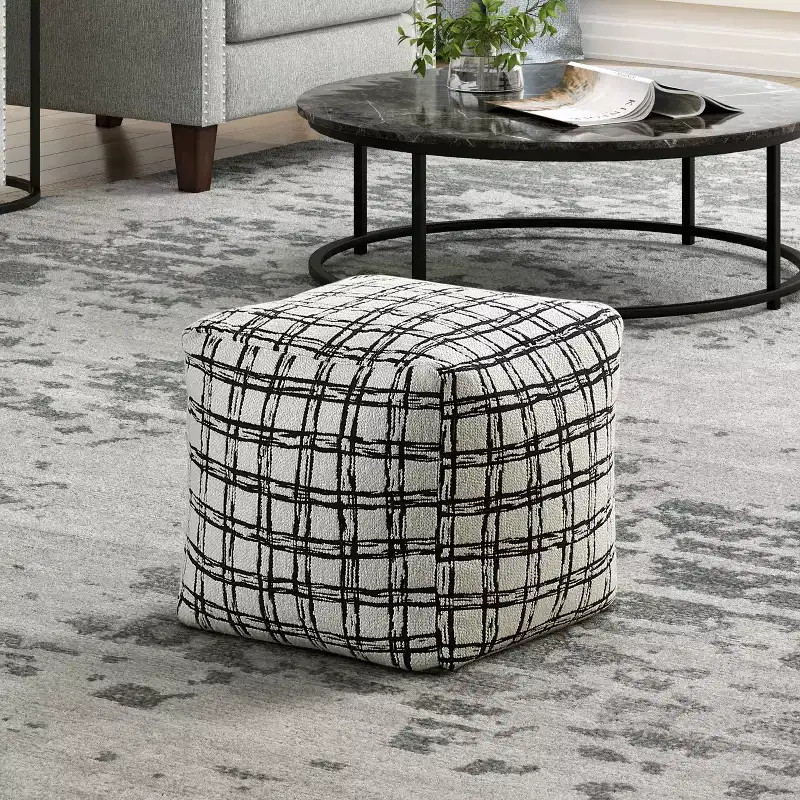 TUYOHW 16H Square Pouf Chic Jacquard Ottoman for Living Room,Footrest Stool Non-Slip Bean Bag Chair,300lbs Capacity,Black Crossed Stripes