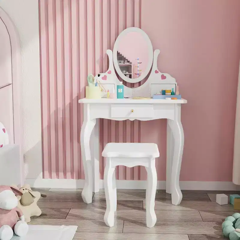 JOYMOR Kids Vanity Set with 3 Drawers, Princess Makeup Table & Chair with Rotatable Mirror for Girls