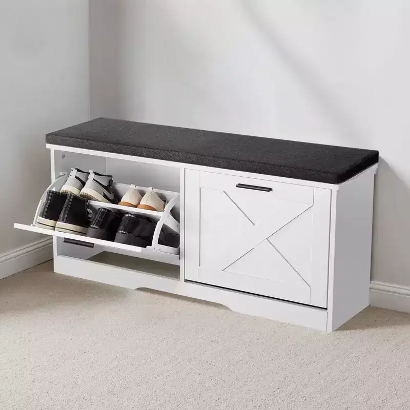 Entryway Shoe Storage Bench, 39.4 x 12.0 x 18.7 Inch Shoe Organizer with Flip Drawers, 440lbs Narrow Shoes Rack Bench, Black + White
