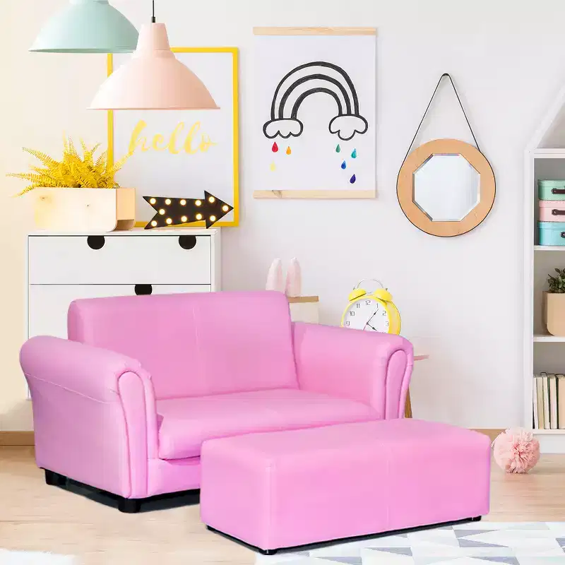 Costway Pink Kids Sofa Armrest Chair Couch Lounge Children Birthday Gift w/ Ottoman