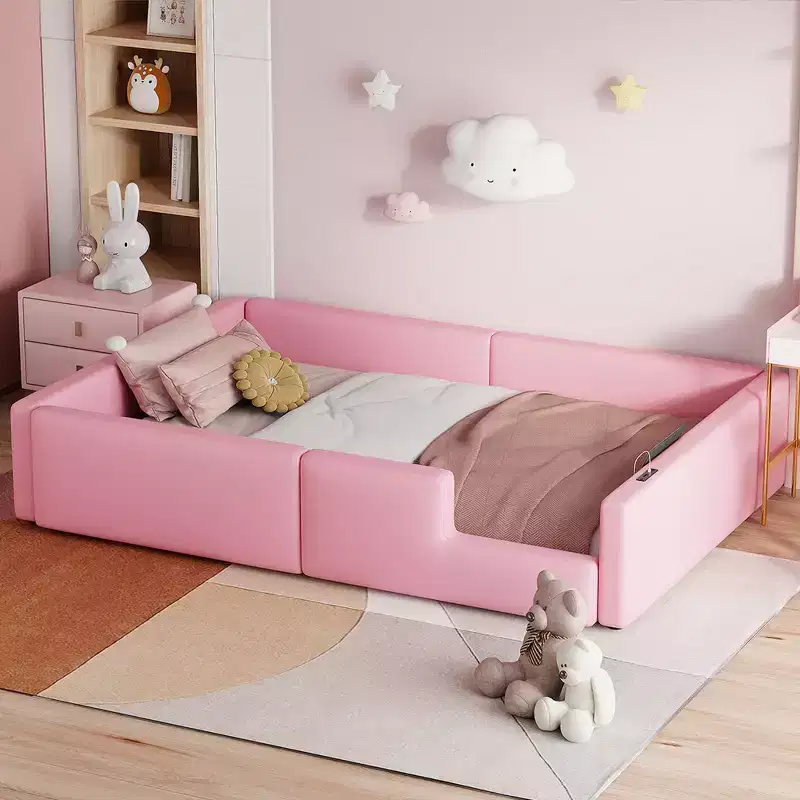 Whisen Twin Size Upholstered Platform Bed with Guardrail and Charging Station