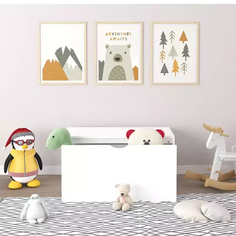 Kids Toy Chest with Pull-Out Storage Bins and Rolling Drawer, White