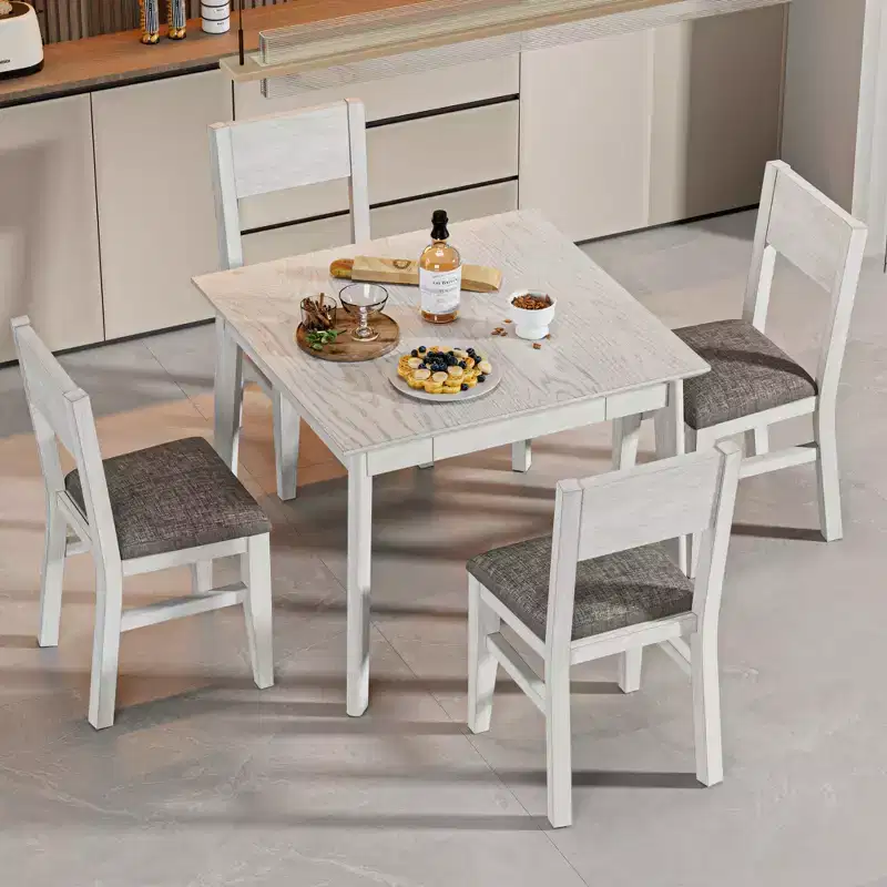 VECELO Farmhouse Style 5-Piece Dining Table Set for 4, Rubber Wood Square Table and 4 Upholstered Dining Chairs, Gray
