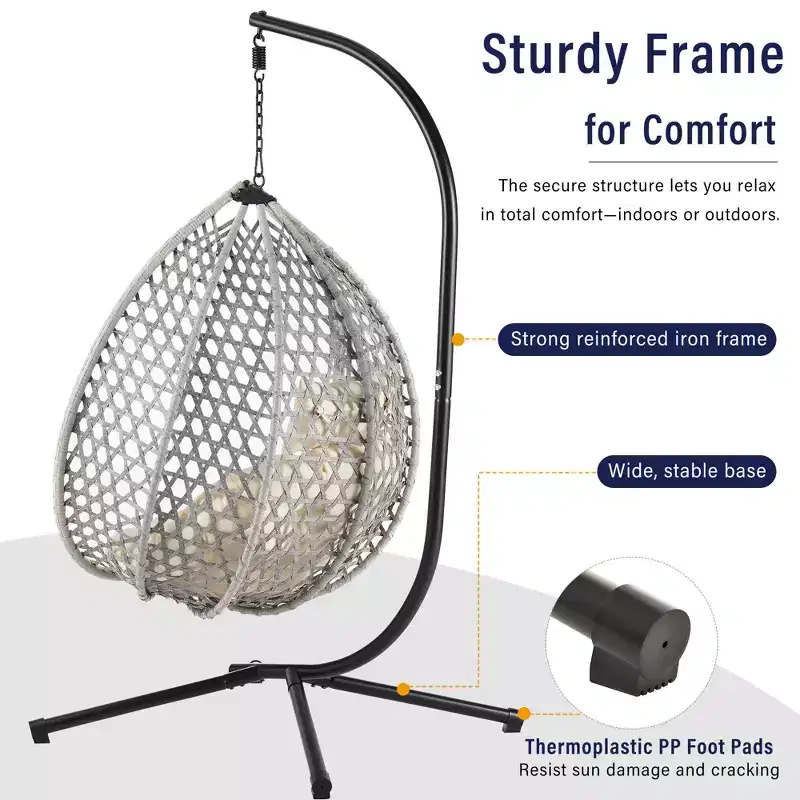 GDFStudio Anderson Hanging Egg Rattan Chair with Stand and Soft Removable Cushion