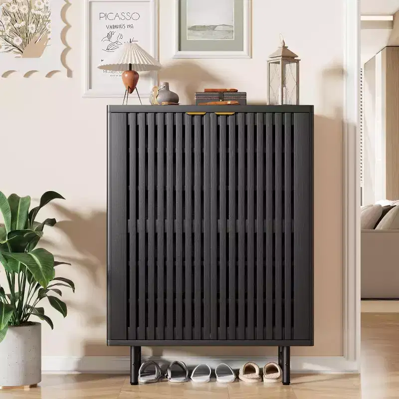 Narrow Shoe Cabinet with Breathable Louver Doors, 6-Tier Hidden Shoe Rack, Freestanding, Black