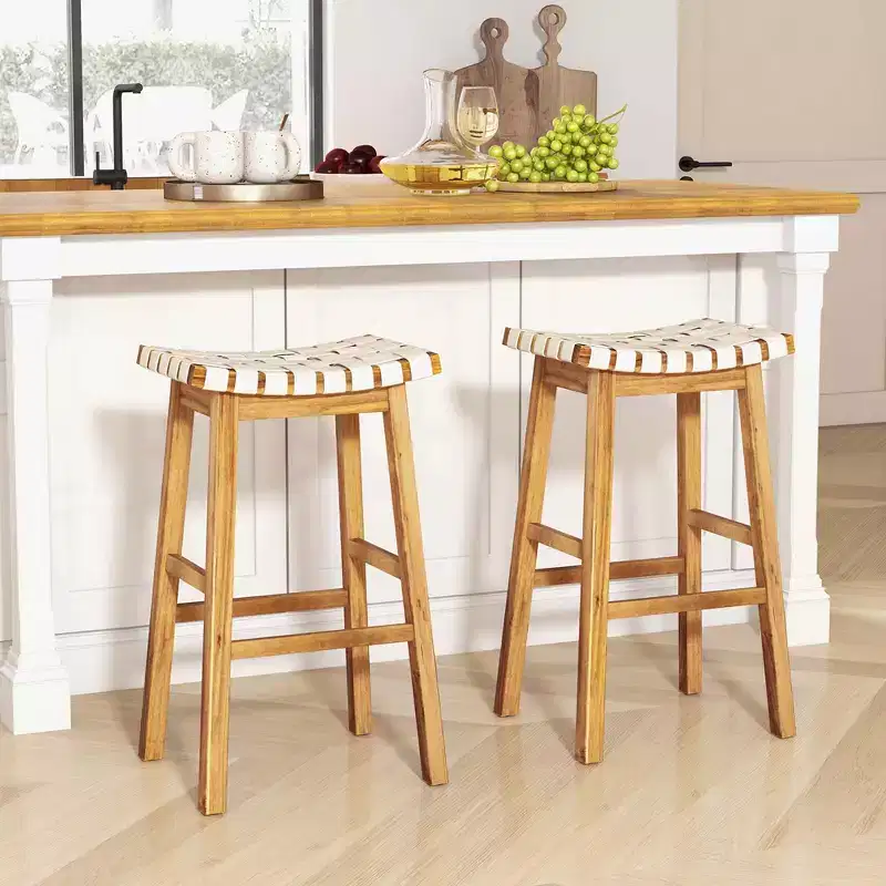 Costway Woven Saddle Stools Set of 2 31'' Faux PU Leather Bar Height Kitchen Stool Black/Beige
