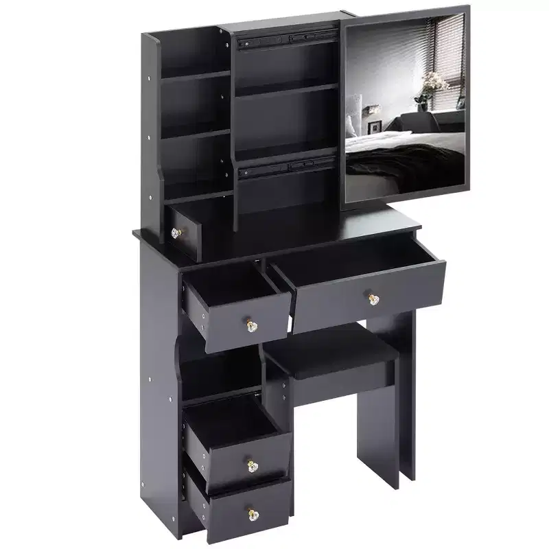 29.2IN Vanity Desk with Cushioned Stool and Right Sliding Mirror, Multi Layer Makeup Vanity with High Capacity Storage, Vanity Table